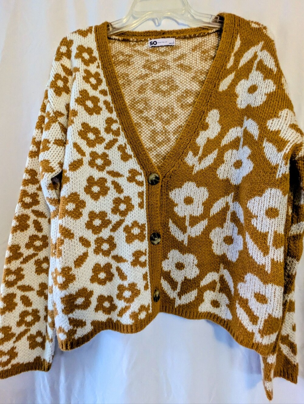 SO Mustard and White Floral Knit Button Cardigan Sz. L